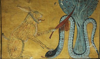 Der Sonnenkater tötet die Schlange Apophis im Grab des Inherkau