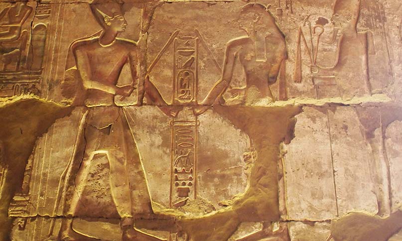 Strickspannen, Pharao Sethos I. und Seschat im Tempel von Abydos