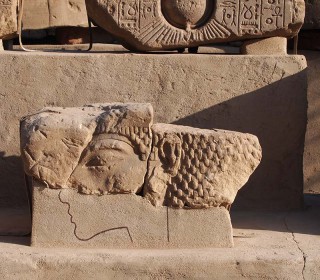 Zwei Blöcke aus dem Aton-Tempel in Karnak. Im Vordergrund Echnaton, im Hintergrund Aton Freilichtmuseum Luxor-Tempel Neues Reich, 18. Dynastie